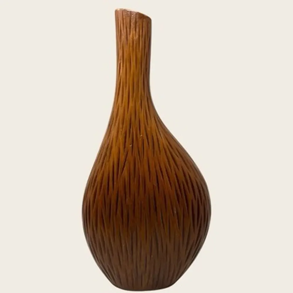 Vintage 1980s Carved Wood Vase Sculptural Boho Organic Feathered Flame